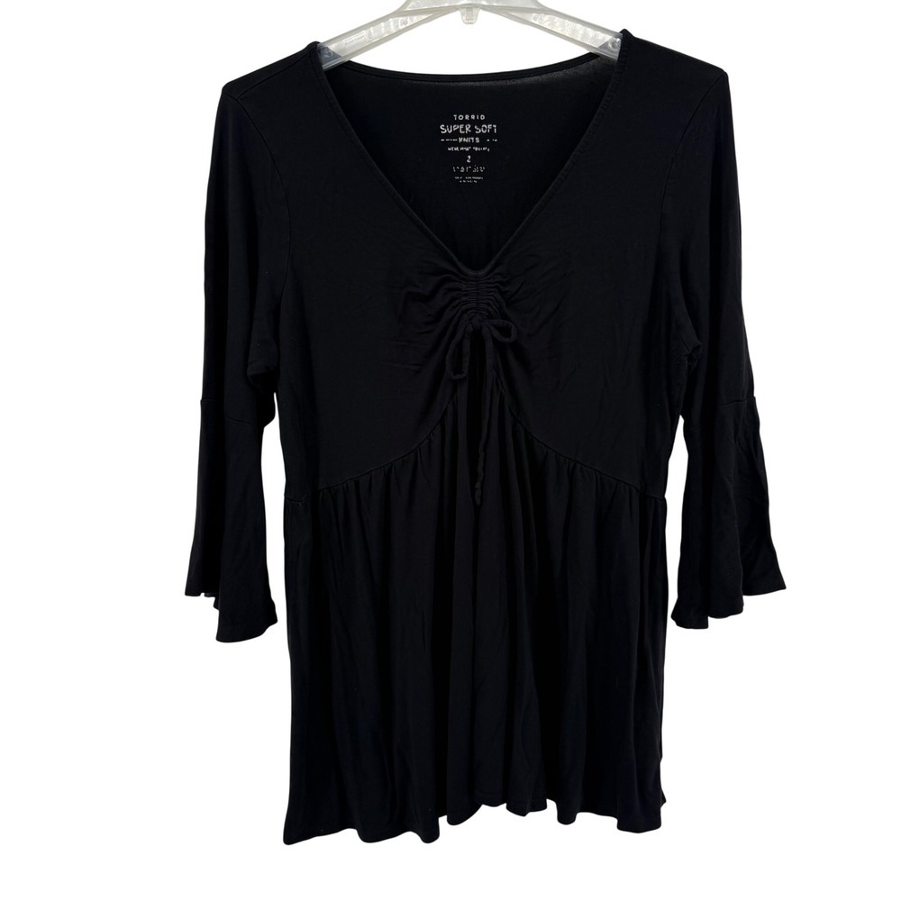 Torrid Super Soft Knits Black Bell Sleeve Gathered V Neck Tunic Top Plus Size 2X